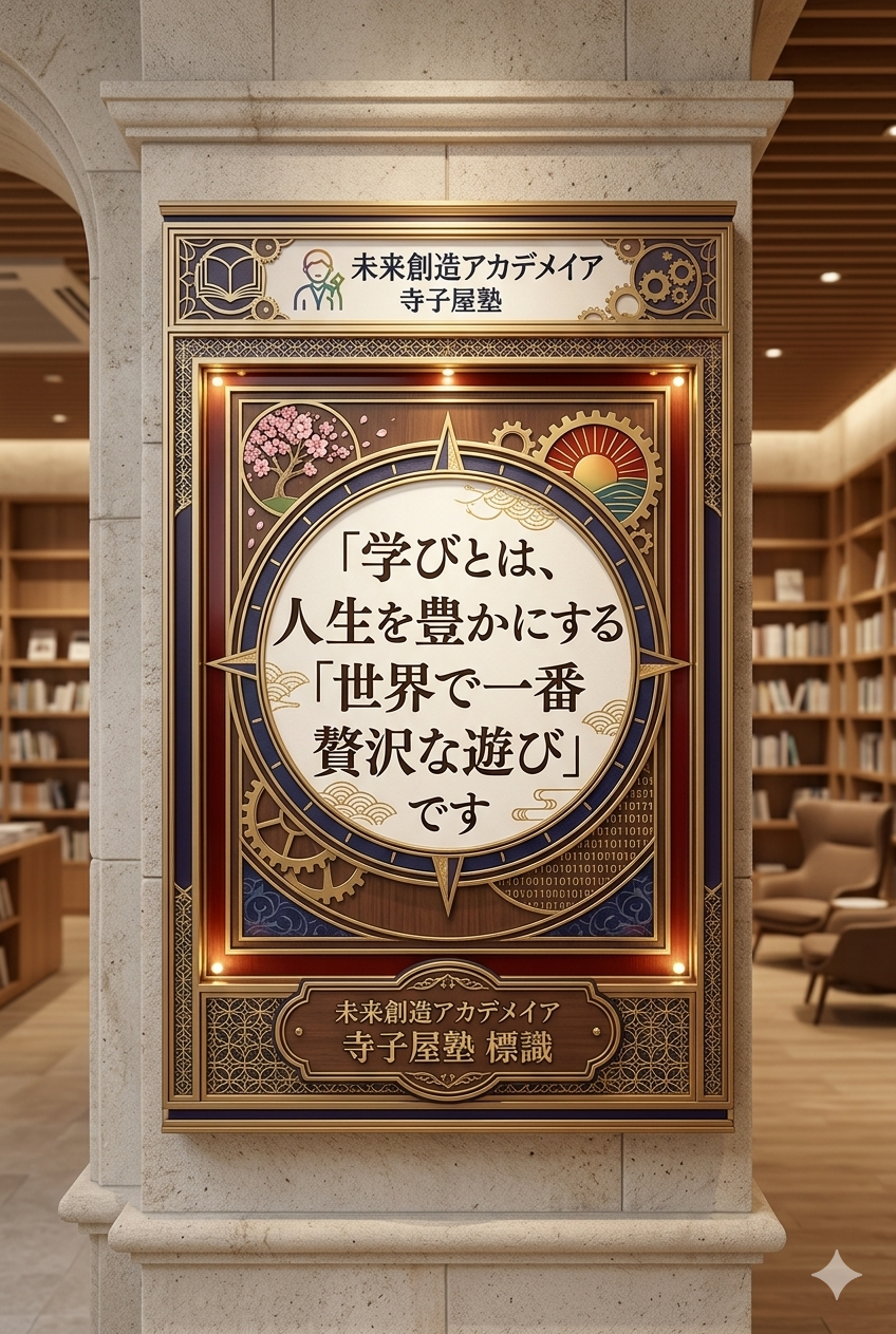「学びとは、人生を豊かにする世界で一番贅沢な遊びです」アカデメイア寺子屋塾 標識